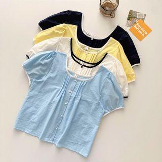 Puff-sleeve Round Neck Two-tone Top