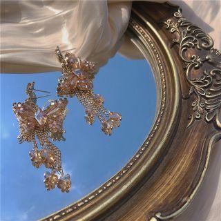 Butterfly Faux Crystal Fringed Earring 1 Pair - Silver Needle - Champagne - One Size