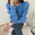 Mutton-sleeve Rib-panel Knit Top