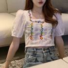 Flower Embroidered Square-neck Blouse White - One Size