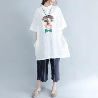 Elbow-sleeve Face Print Shirt Dress