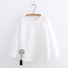 Long-sleeve Cat Print Tassel-accent T-shirt