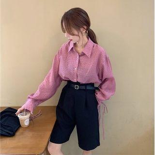 Drawstring Leopard Printed Long-sleeve Shirt / High-waist Plain Shorts