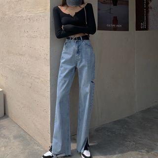 Distressed Slit-hem Wide Leg Jeans
