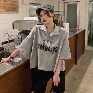 Elbow-sleeve Collared Print T-shirt