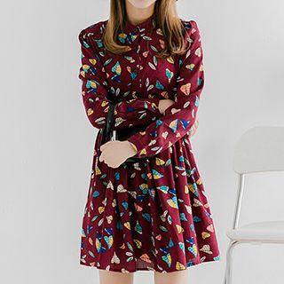 Leaf Print A-line Chiffon Dress