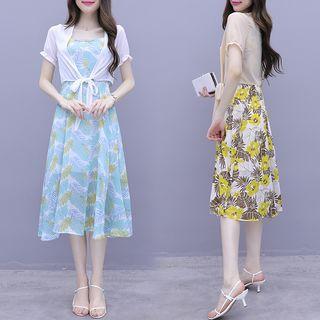 Set: Short-sleeve Light Jacket + Flower Print A-line Midi Dress