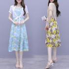Set: Short-sleeve Light Jacket + Flower Print A-line Midi Dress