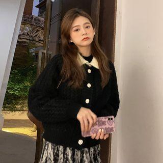 Collared Cardigan / Striped Midi A-line Skirt