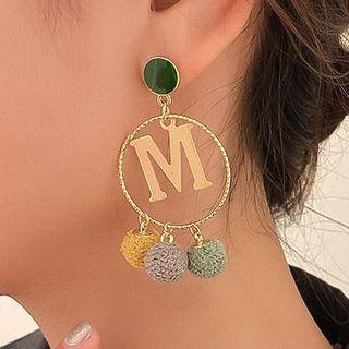 Letter M Pom Pom Alloy Hoop Dangle Earring