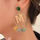 Letter M Pom Pom Alloy Hoop Dangle Earring