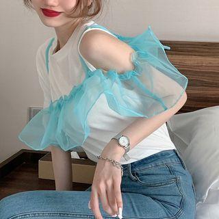 Ruffle Mesh Panel Short-sleeve Top White & Blue - One Size