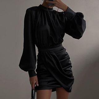 Lantern-sleeve Mock-neck Mini Sheath Dress