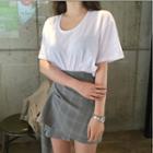 Set: Plain Short Sleeve T-shirt + Plaid A-line Skirt