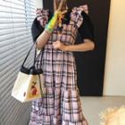 Short-sleeve T-shirt / Ruffled Strap Plaid Overall Dress