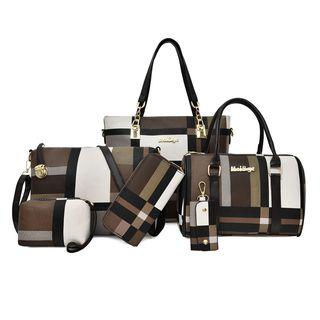 Set Of 6: Colour Block Faux Leather Tote Bag + Handbag + Crossbody Bag + Clutch + Pouch + Coin Purse