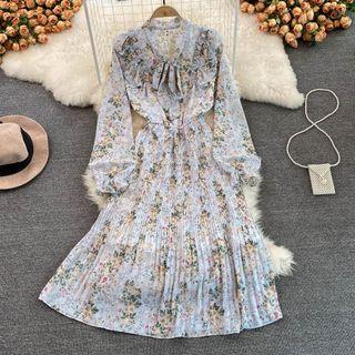Bow Neck Floral Print Chiffon Dress