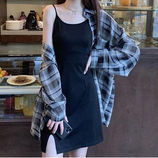Spaghetti Strap A-line Mini Dress / Long-sleeve Sheer Plaid Shirt