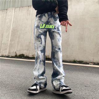 Letter Embroidered Tie-dye Print Straight Leg Jeans