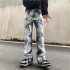 Letter Embroidered Tie-dye Print Straight Leg Jeans