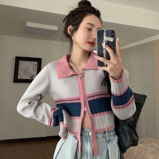 Zip Cardigan Pink & Light Gray & Navy Blue - One Size