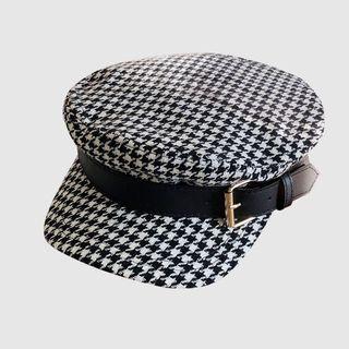 Houndstooth Buckled Newsboy Cap White & Black - One Size