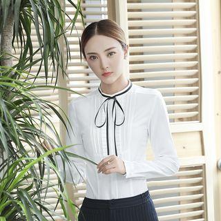 Pintuck Frilled Tie-neck Blouse
