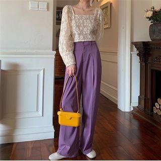 Square Neck Lace Cropped Top / Wide-leg Pants