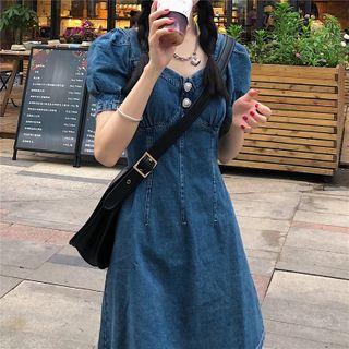 Puff-sleeve Embellished Denim A-line Mini Dress