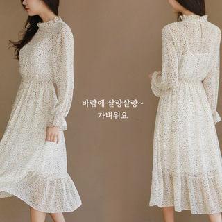 Frill-neck Dot Pattern Midi Chiffon Dress
