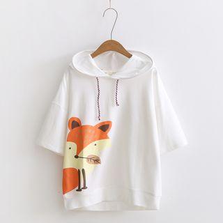 Elbow-sleeve Fox Print Hoodie