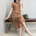 Set: Plain Short-sleeve Blouse + Wide Leg Pants