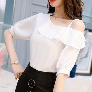 Short-sleeve Plain Off-shoulder Chiffon Top