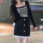 Cardigan / Plaid Camisole Top / Mini Skirt