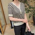 Button-front Stripe Summer Knit Top
