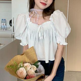 Short-sleeve Wood Ear Trim Puff-sleeve Top