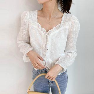V-neck Plain Ruffle Embroider Blouse