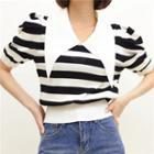 Puff-sleeve Pointy-collar Striped Knit Top