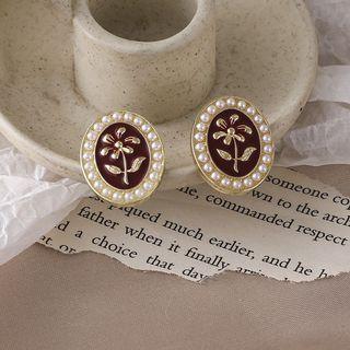 Faux Pearl Floral Stud Earring 1 Pair - Dark Brown - One Size