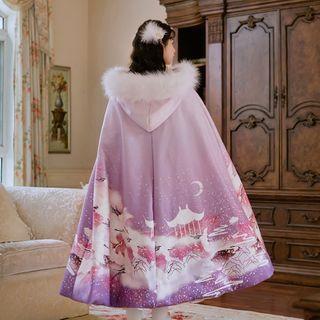 Gradient Crane Furry Trim Hooded Cape Fleece Lining - Purple - One Size