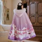 Gradient Crane Furry Trim Hooded Cape Fleece Lining - Purple - One Size
