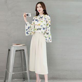 Set: Flare-sleeve Butterfly-print Blouse + Wide-leg Pants