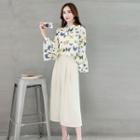 Set: Flare-sleeve Butterfly-print Blouse + Wide-leg Pants