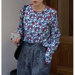 Long-sleeve Floral Printed T-shirt Blue - One Size