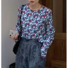 Long-sleeve Floral Printed T-shirt Blue - One Size