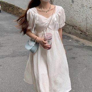 Short-sleeve V-neck A-line Chiffon Dress White - One Size