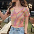 V-neck Short-sleeve Knit Top Rainbow - One Size