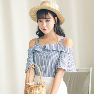 Striped Cold-shoulder Short-sleeve Blouse