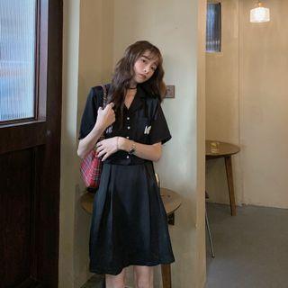 Short-sleeve Butterfly A-line Dress Black - One Size