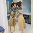 Set: Striped Turtleneck Long Sleeve T-shirt + Double Breasted Pinafore Dress